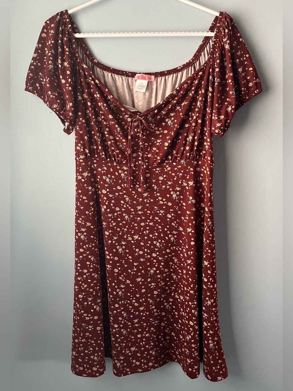 Hot Kiss Dark Rust Floral Soft Stretch Short Sleeve Mini Dress Size M